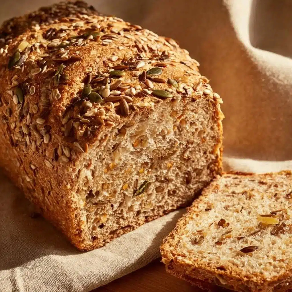 Freshly baked whole grain seeded bread with various seeds on top