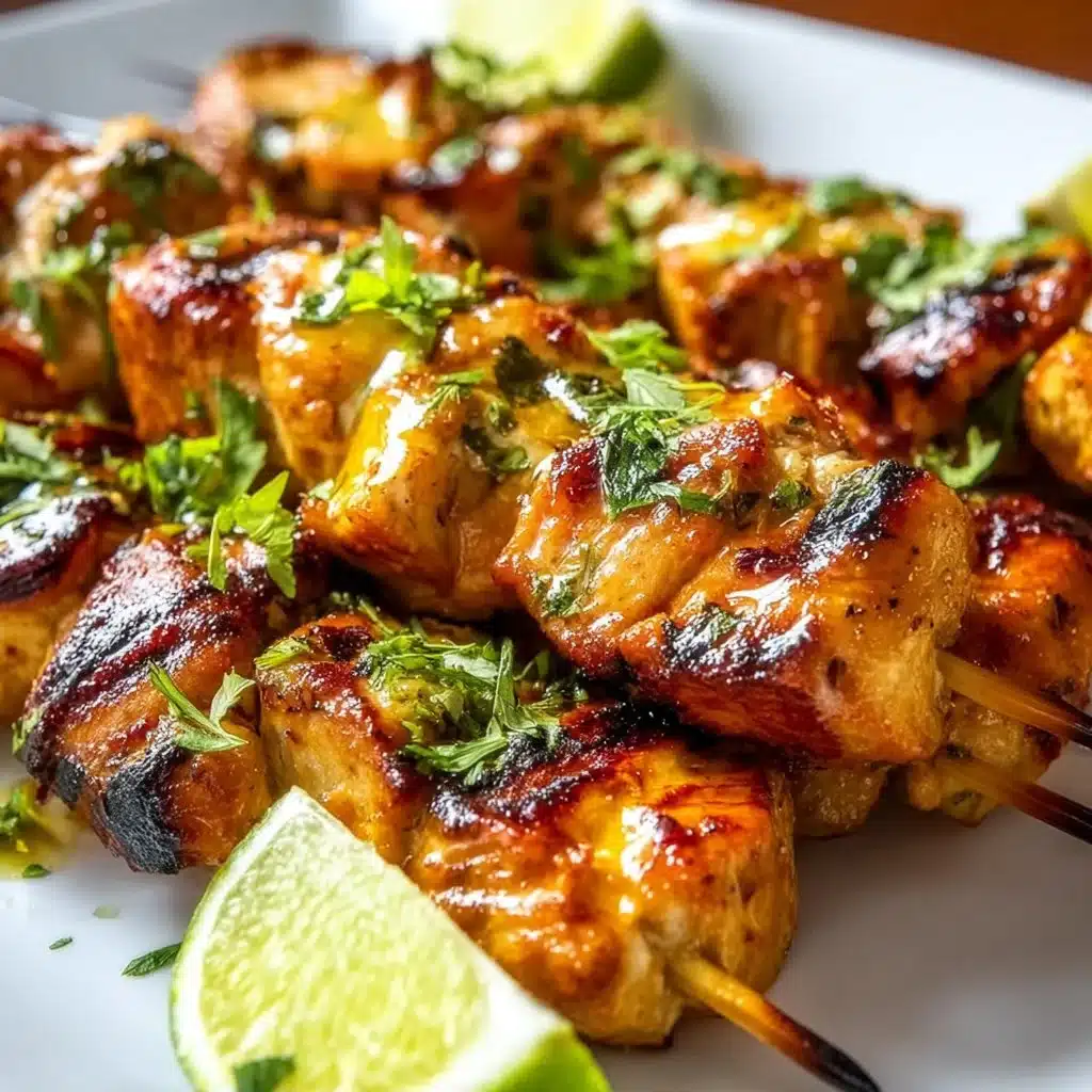 Grilled tequila lime chicken skewers garnished with fresh lime and herbs.