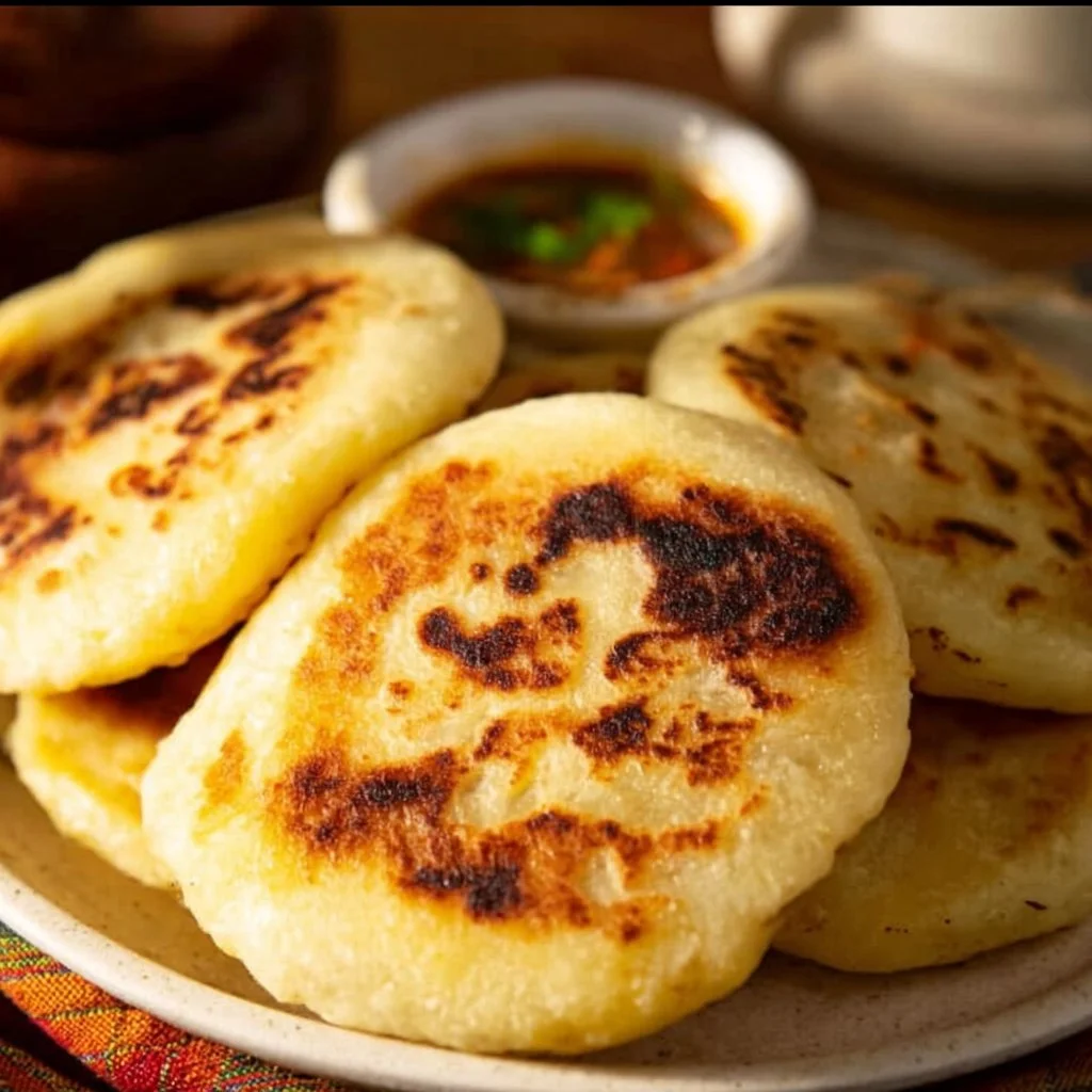Plate of authentic Salvadoran Pupusas topped with salsa and curtido