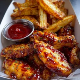 BBQ chicken wings served with crispy fries on a platter