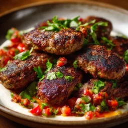 Plate of homemade Beef Kofta served with fresh herbs and spicy sauce.