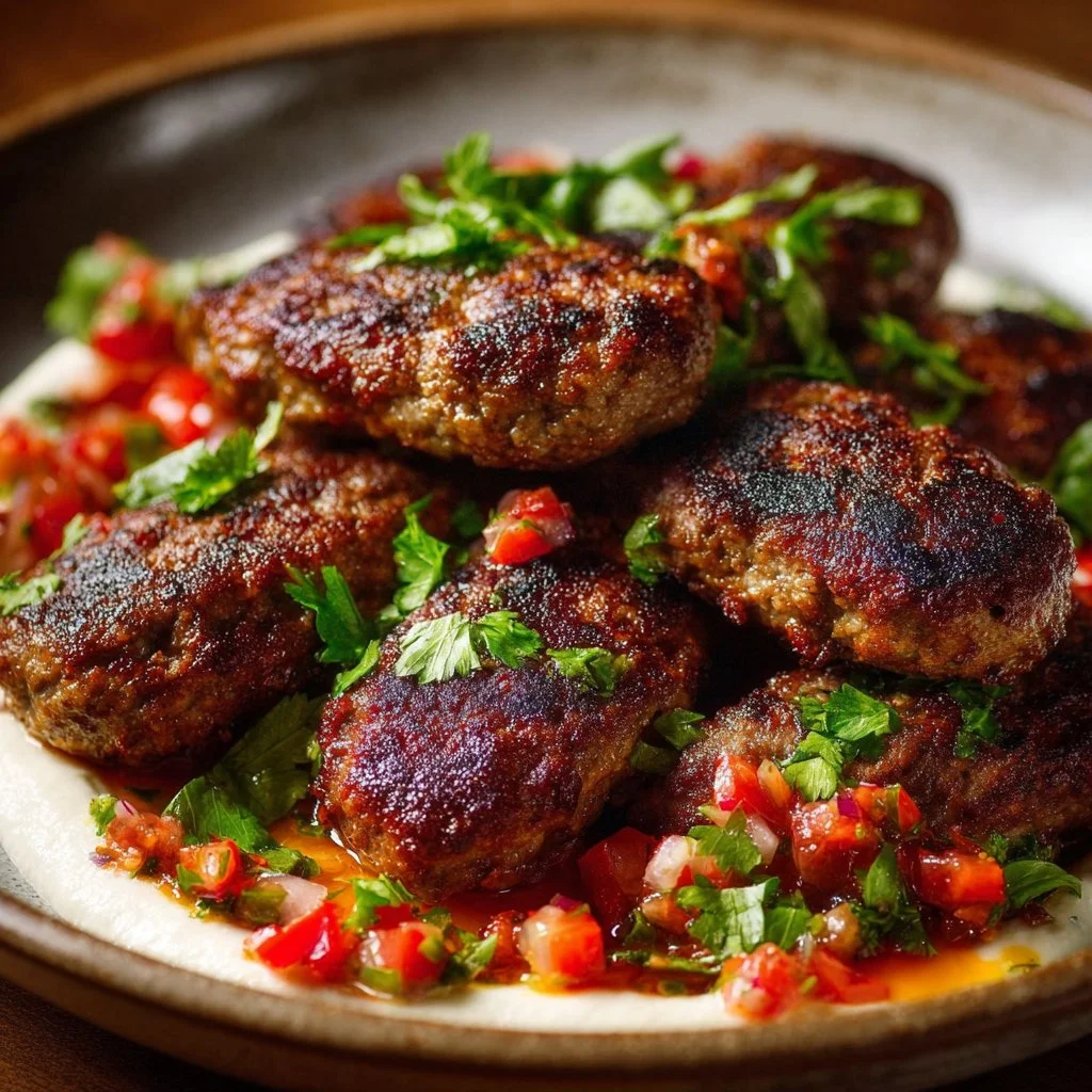 Plate of homemade Beef Kofta served with fresh herbs and spicy sauce.