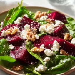 Beet salad with feta cheese and arugula served in a bowl