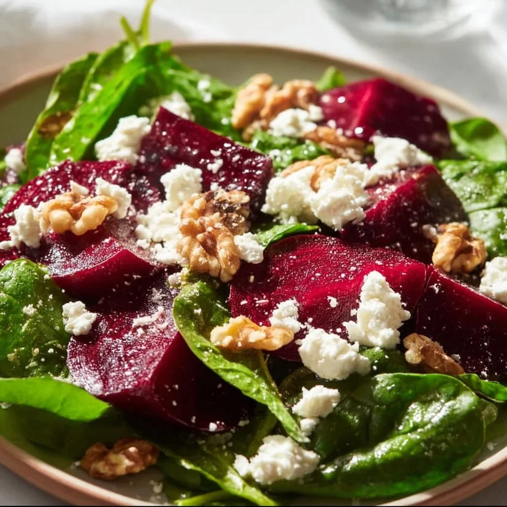 Beet salad with feta cheese and arugula served in a bowl