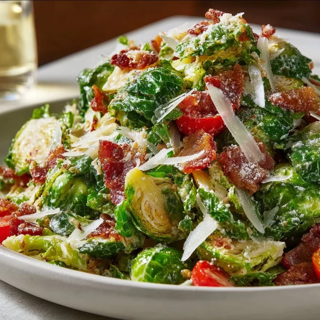 Brussels Sprouts Caesar Salad with creamy dressing and croutons