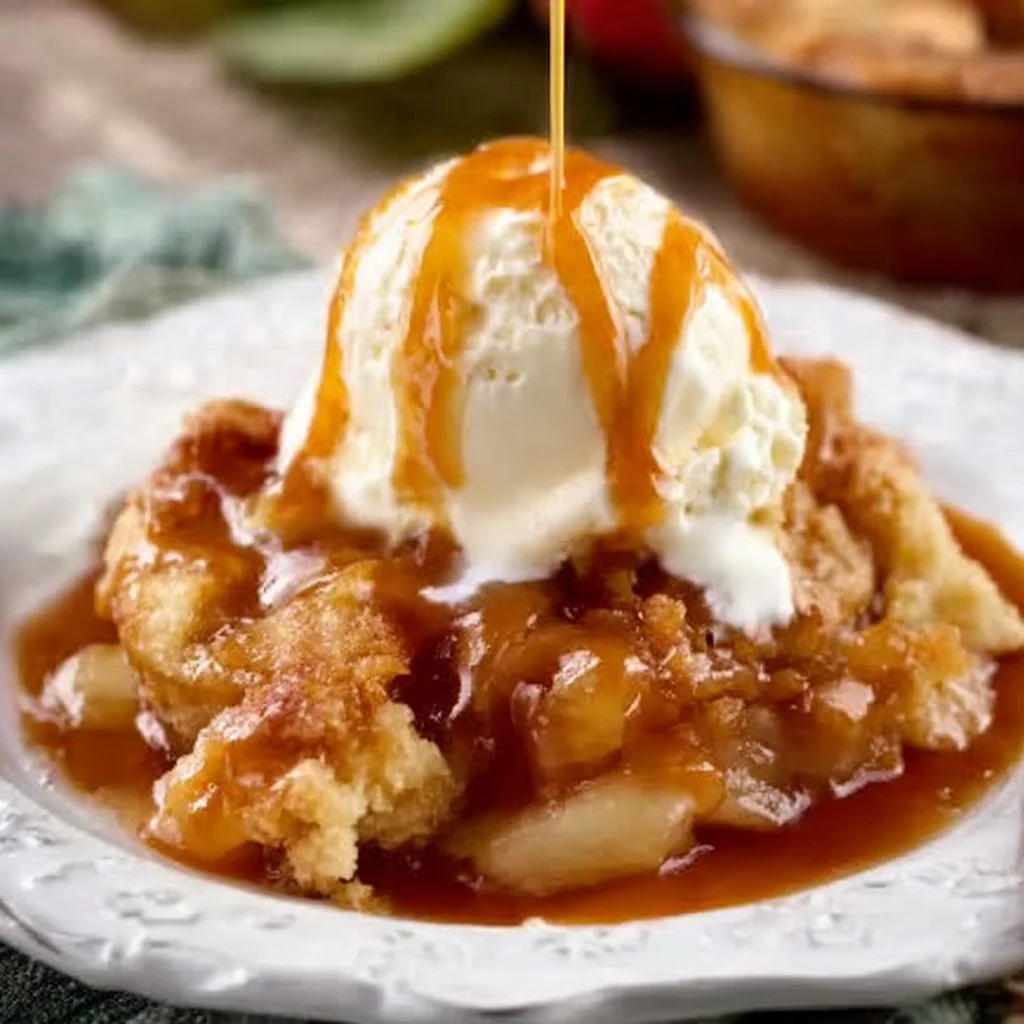 Delicious caramel apple cobbler topped with a golden crust and drizzled with caramel
