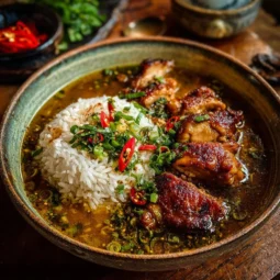 Caramelized soy chicken in garlic ginger broth served with rice