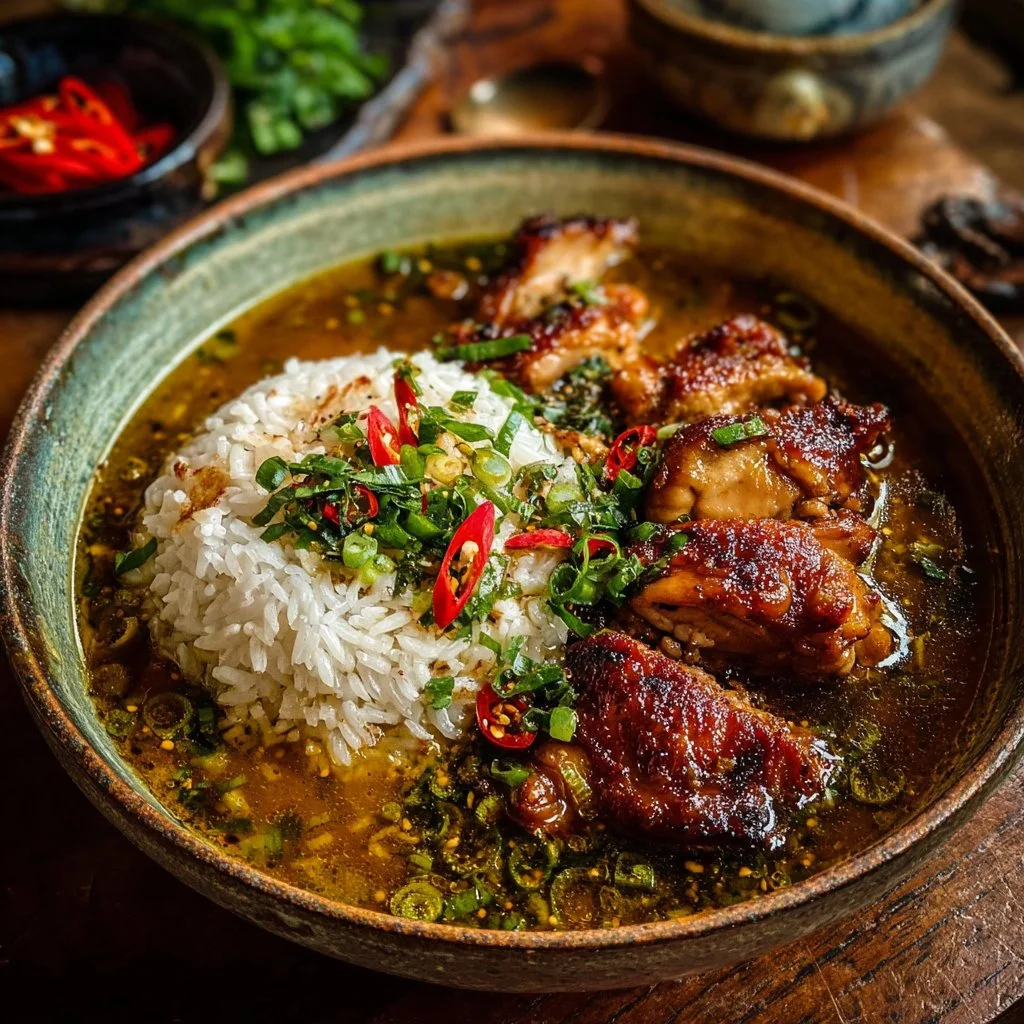 Caramelized Soy Chicken in Garlic Ginger Broth with Rice