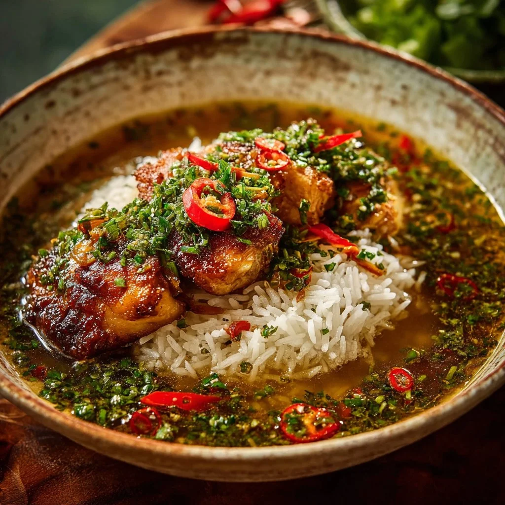 Caramelized Soy Chicken in Garlic Ginger Broth with Rice
