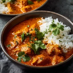 Delicious Chicken Tikka Masala served with rice and naan
