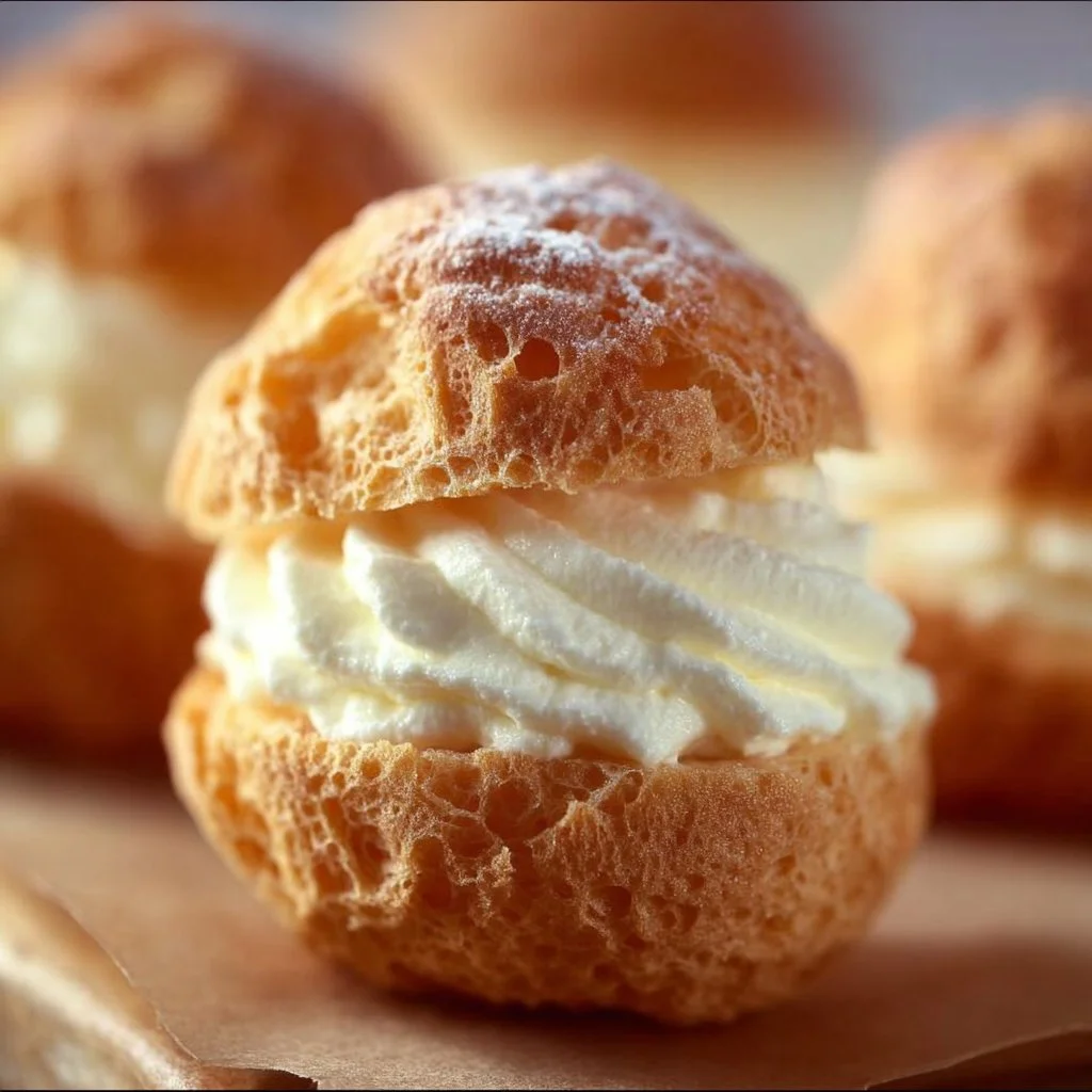 Classic French cream puffs filled with vanilla cream on a plate