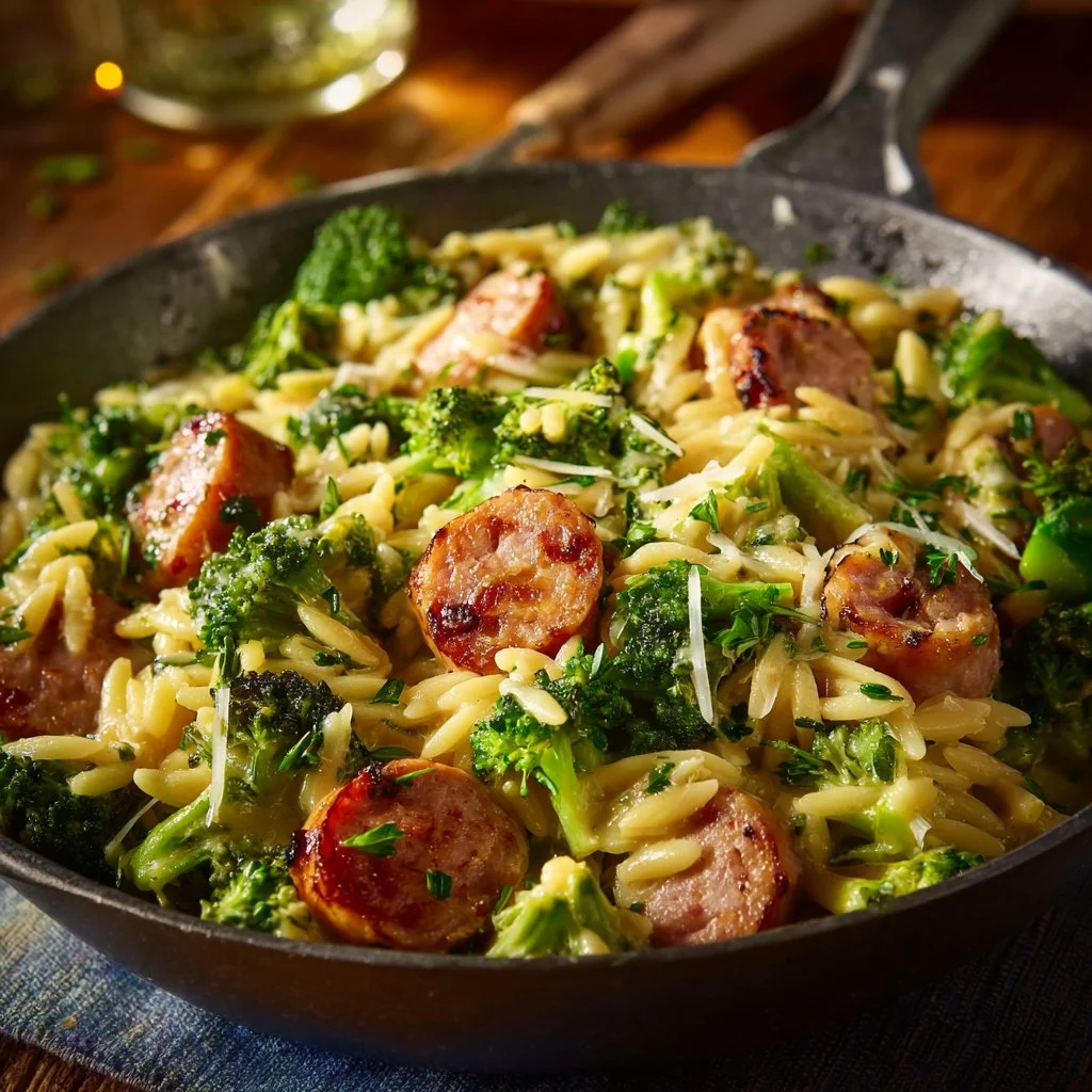 Creamy chicken sausage orzo dish garnished with herbs.