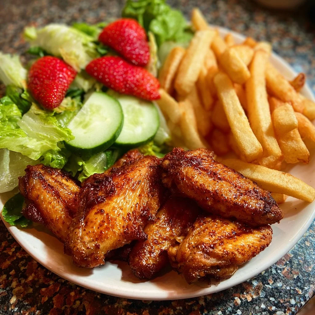 Crispy chicken wings served with fries and a vibrant fresh strawberry salad