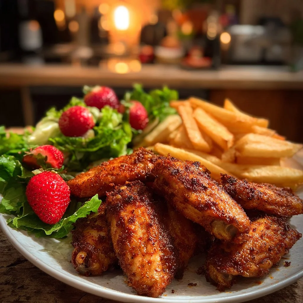 Crispy Chicken Wings with Fries & Fresh Strawberry Salad