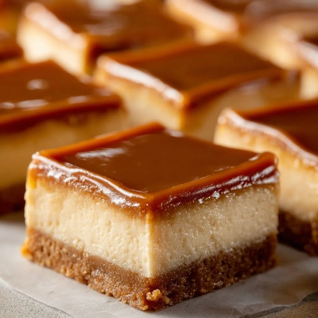 Decadent Dulce de Leche Cheesecake Bars with caramel drizzle on top
