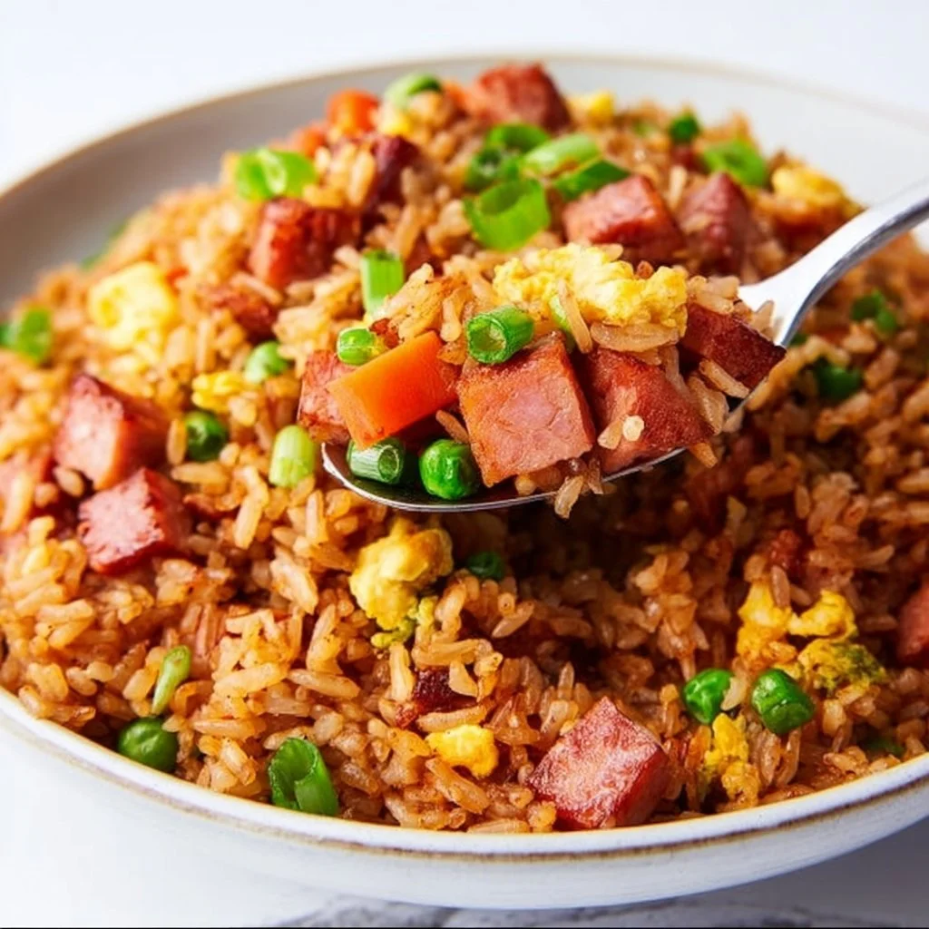 A plate of delicious Spam Fried Rice garnished with green onions and vegetables.