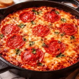 Delicious Hot Honey Pepperoni Pizza Dip served with crackers and garnished with fresh basil.