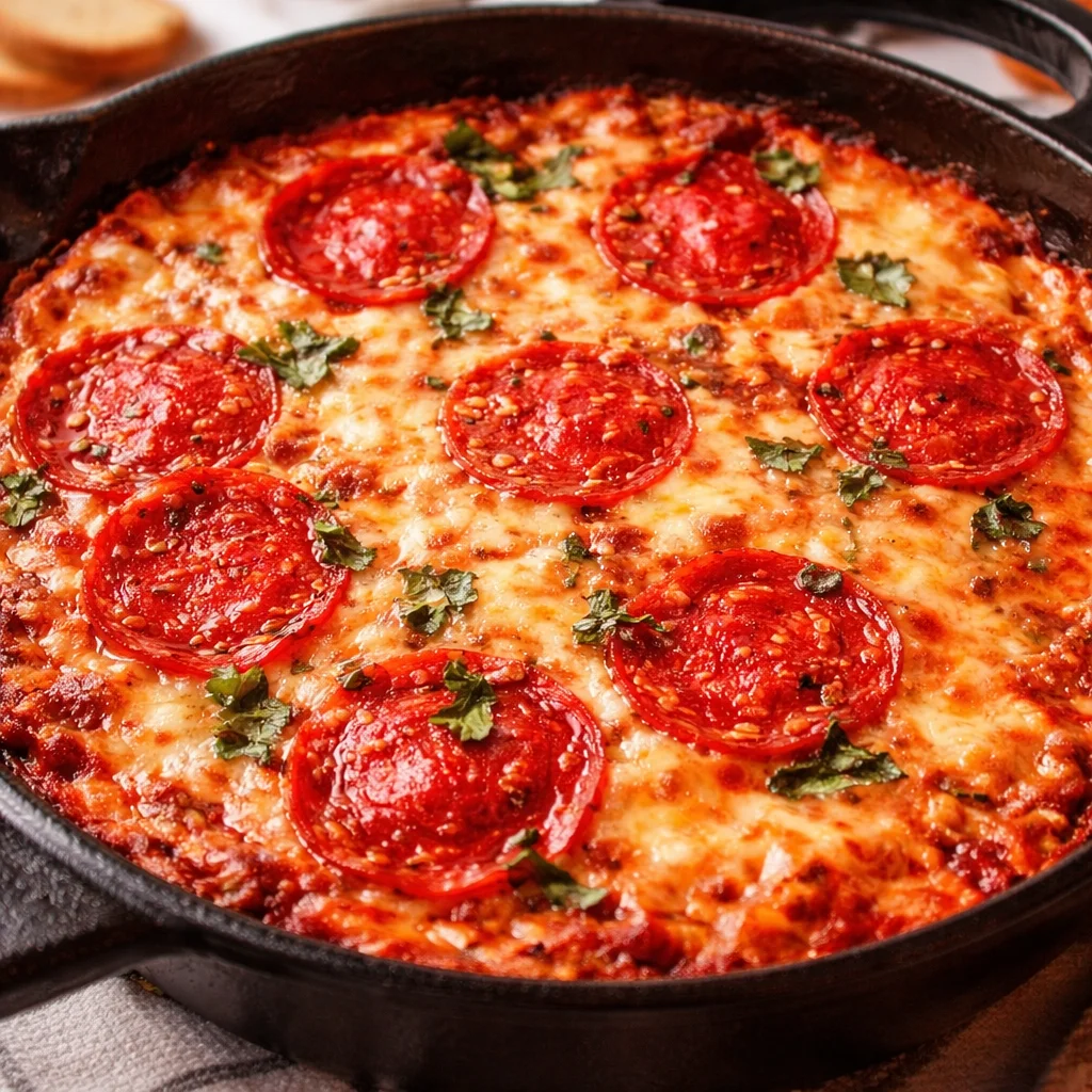 Delicious Hot Honey Pepperoni Pizza Dip served with crackers and garnished with fresh basil.