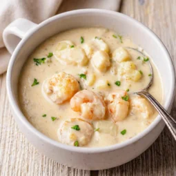 Bowl of creamy seafood chowder topped with shrimp, scallops, and fresh herbs.