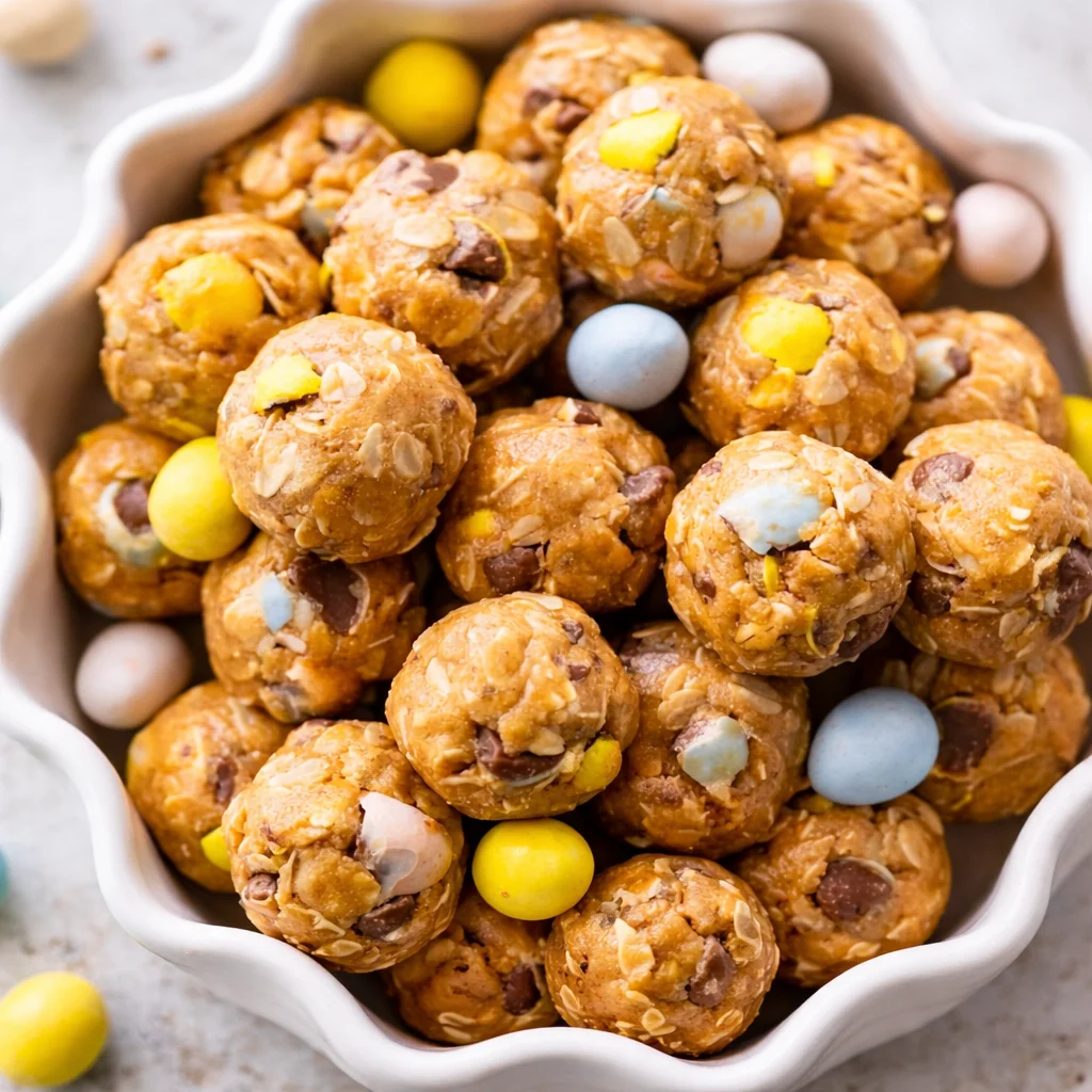 Delicious Cadbury Egg protein balls made with oats, peanut butter, and Mini Eggs.