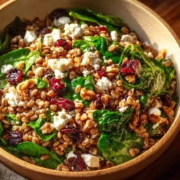 Healthy and colorful easy farro salad with fresh vegetables and dressing