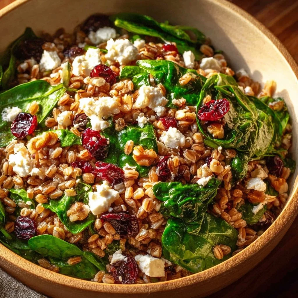 Healthy and colorful easy farro salad with fresh vegetables and dressing