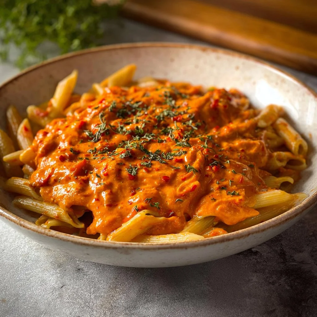 Easy roasted red pepper pasta sauce in a bowl garnished with herbs