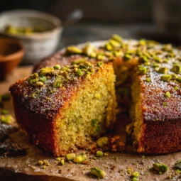 Delicious flourless pistachio cake topped with pistachios and served on a white plate