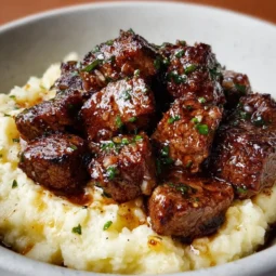 Delicious garlic butter steak bites served alongside creamy mashed potatoes.