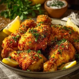 Garlic Parmesan Chicken Drumsticks plated with herbs and spices
