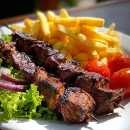 Plate of grilled beef skewers with crispy fries and fresh salad