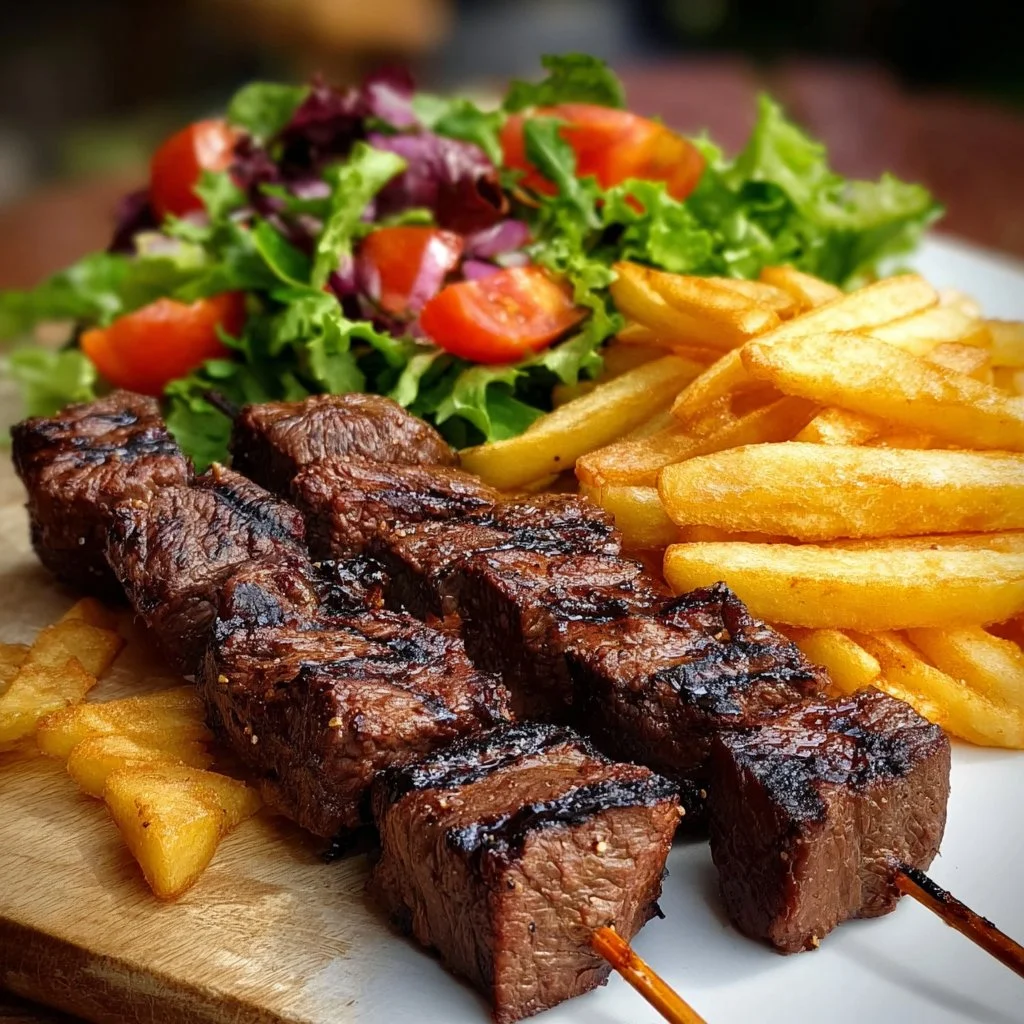 Grilled Beef Skewers with Crispy Fries & Fresh Salad