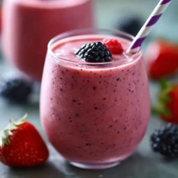 Healthy mixed berry smoothie with strawberries, blueberries, and raspberries in a glass.