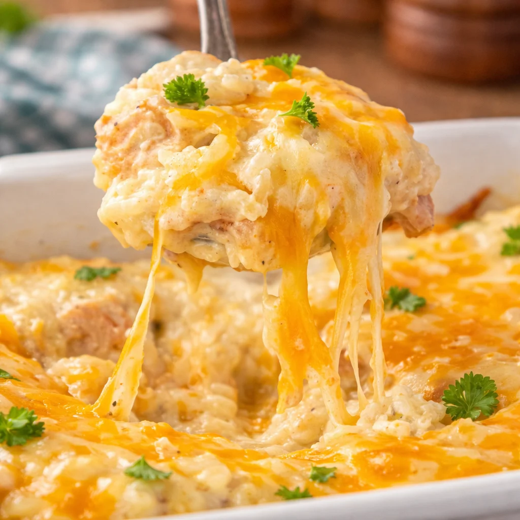 Creamy Angel Chicken Rice Casserole with chicken, rice, and cheese in a savory sauce.