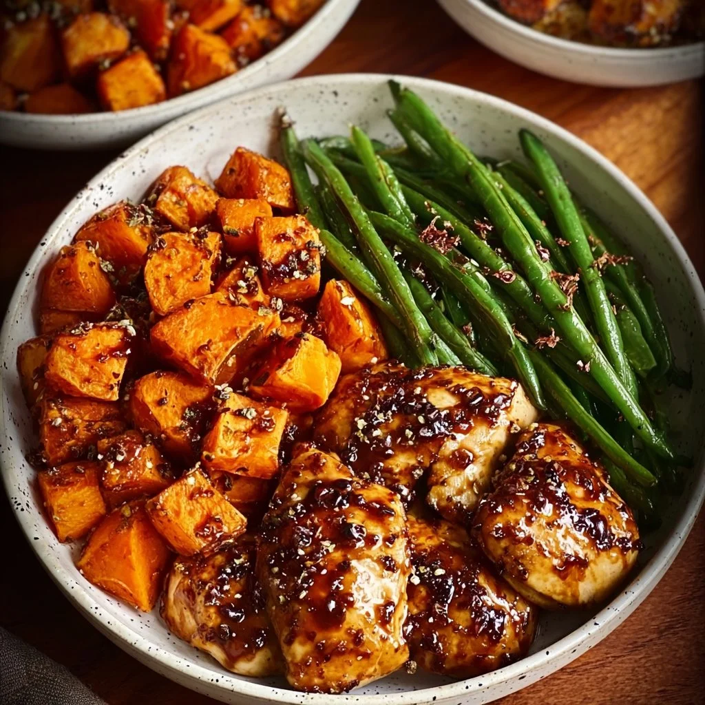 Plate of Honey Garlic Chicken served with roasted sweet potatoes