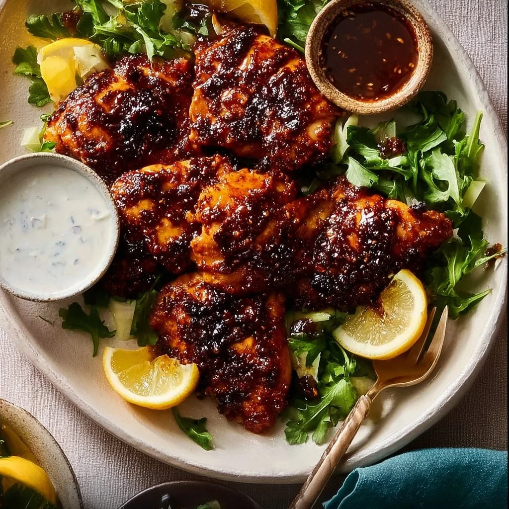 Delicious Honey Harissa Chicken served on a plate with vibrant garnishes.