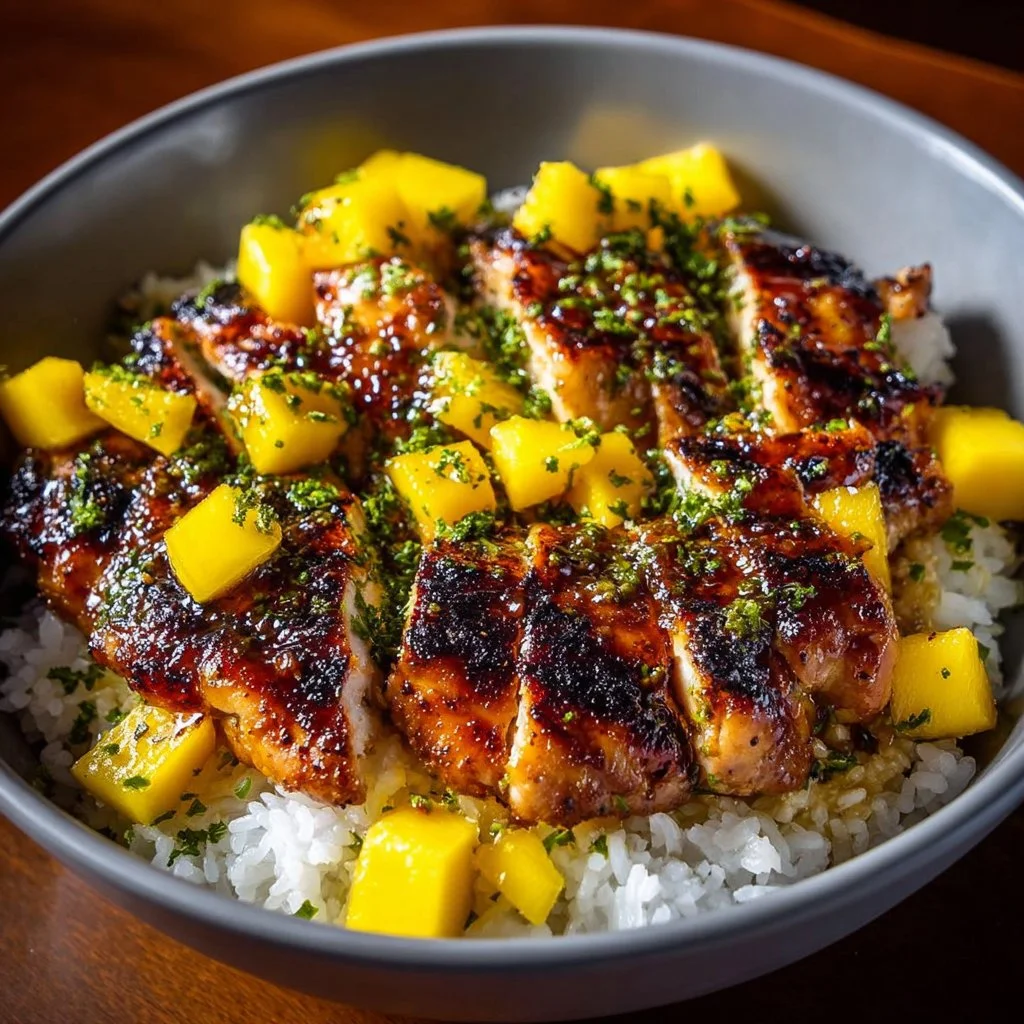 Mango glazed chicken twists with savory Asian flavors on a plate