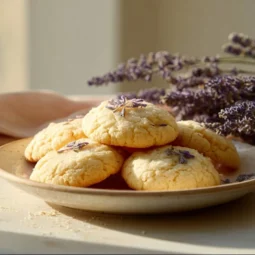 Lavender Honey Cookies on a rustic plate with lavender sprigs