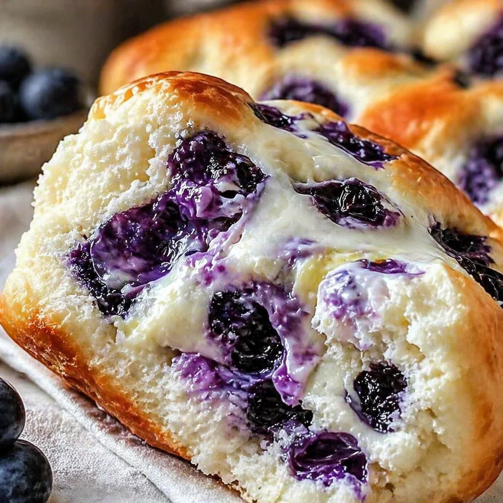 Fluffy Cottage Cheese Blueberry Cloud Bread on a wooden table, garnished with fresh blueberries.