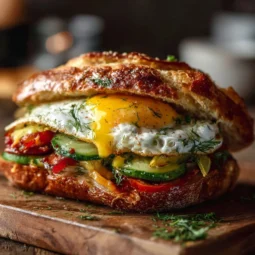 Mediterranean breakfast sandwich with fresh veggies and eggs on a plate