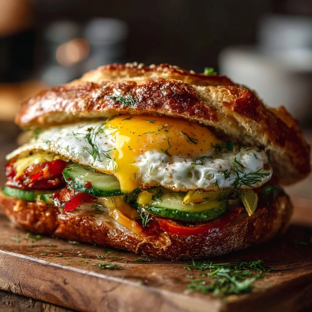 Mediterranean breakfast sandwich with fresh veggies and eggs on a plate