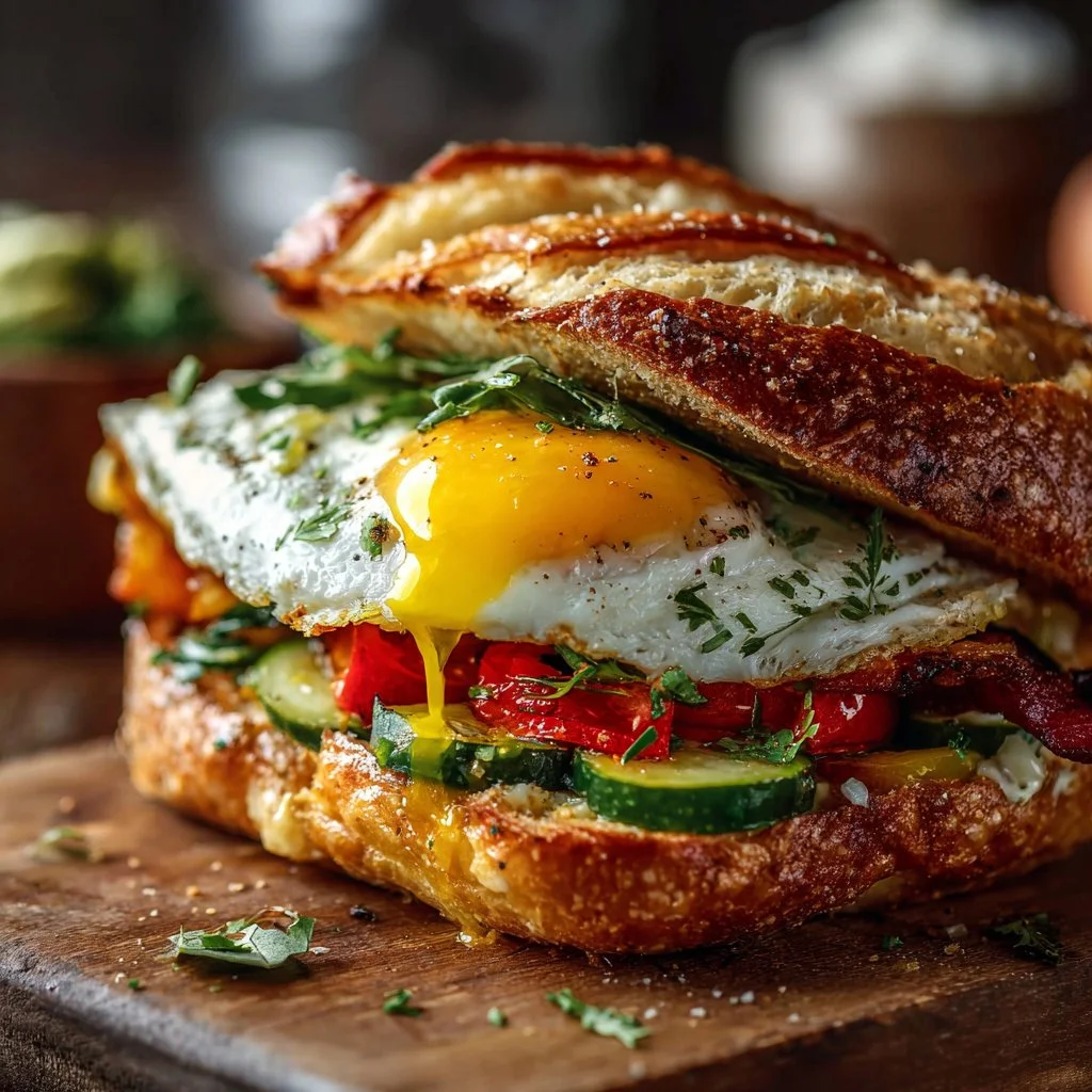 Mediterranean Breakfast Sandwich with Fresh Veggies & Eggs