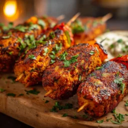 Middle Eastern vegan tofu kebabs with fresh herbs and spices on a serving platter.