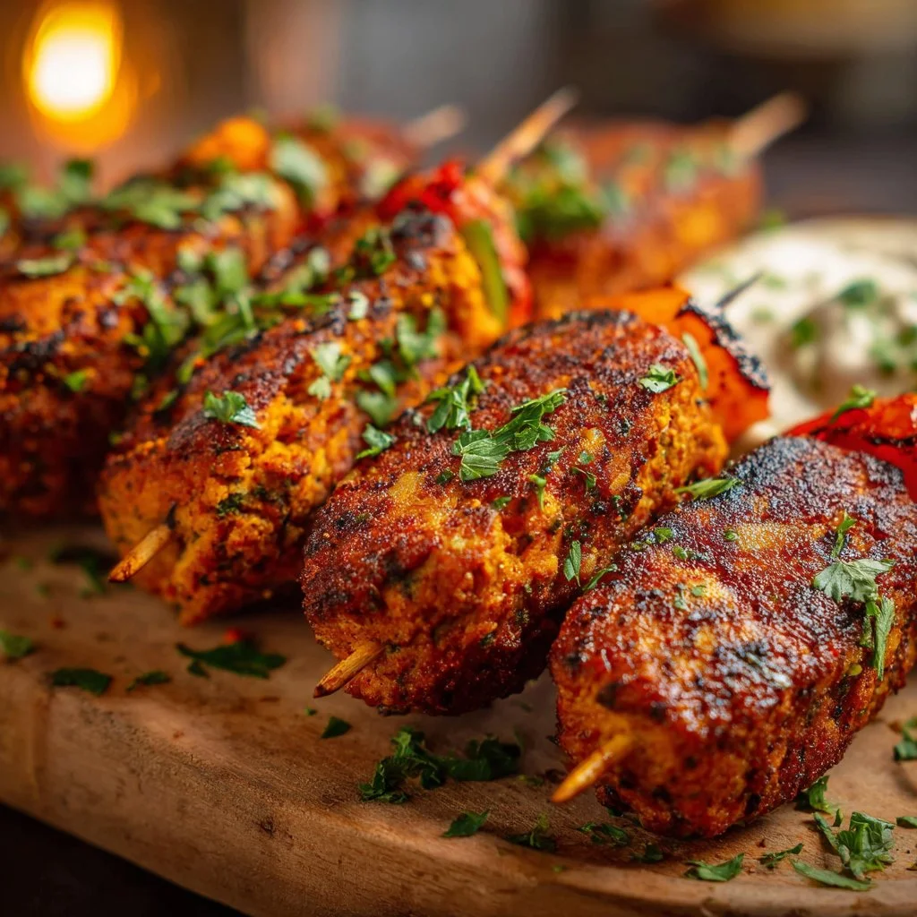 Middle Eastern vegan tofu kebabs with fresh herbs and spices on a serving platter.