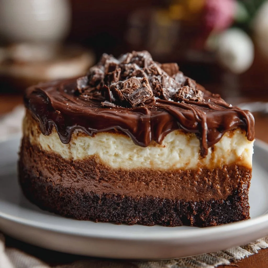 No Bake Brownie Batter Cheesecake topped with chocolate sprinkles and whipped cream.