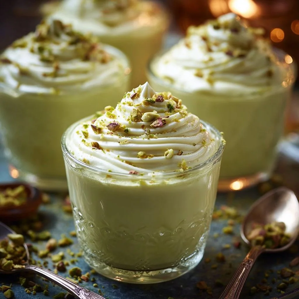 Creamy pistachio pudding dessert in a glass served with nuts