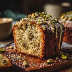 Slice of Pistachio Vegan Coffee Cake topped with nuts and served on a plate