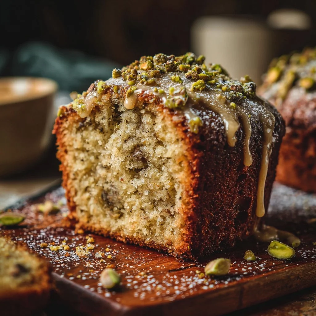Slice of Pistachio Vegan Coffee Cake topped with nuts and served on a plate