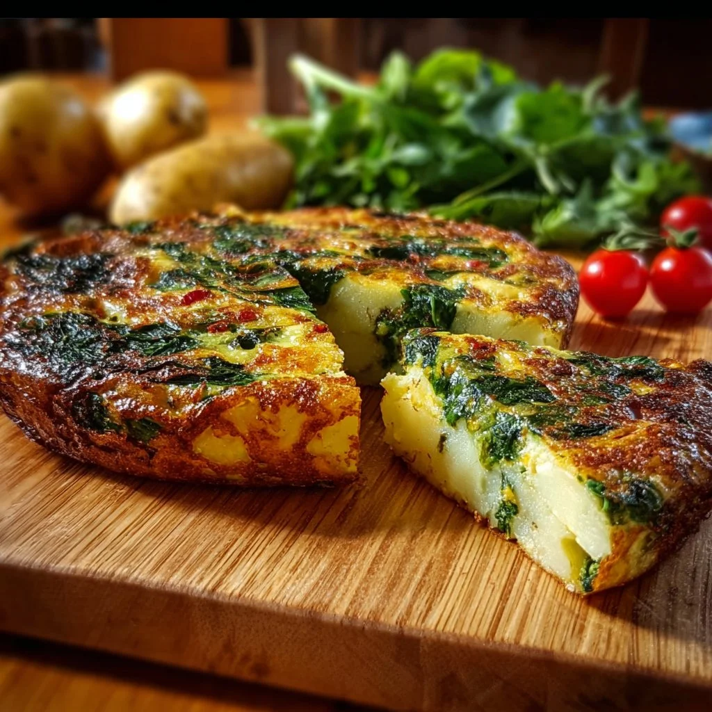 A slice of Potato Spinach Frittata served on a plate with fresh herbs.