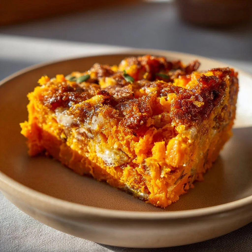 Protein-packed sweet potato egg casserole topped with herbs and spices